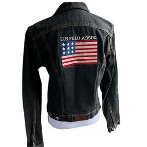 U.S. Polo Assn Black Denim Jean Jacket USA Embroidered Flag -Medium